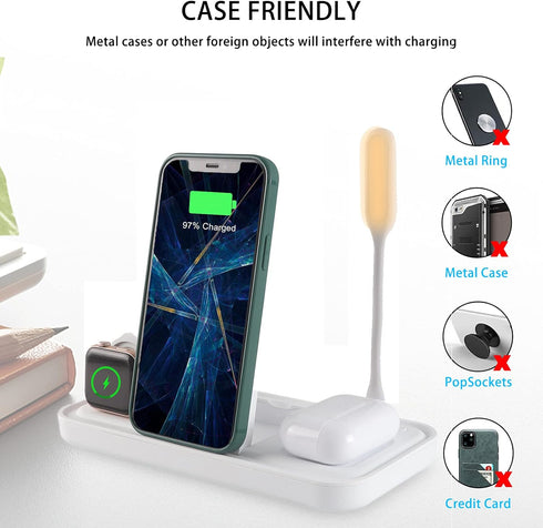 Lamp with Wireless Charger, 4 in 1 Charging Station for iPhone/Samsung/Qi Phones, AirPods, iWatch, White