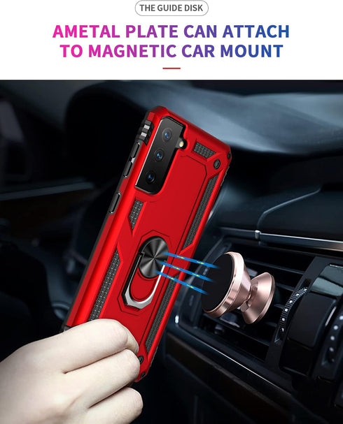 Military Grade Shockproof Case for Samsung Galaxy S21 FE, Red with 360 Metal Rotating Ring Kickstand Holder