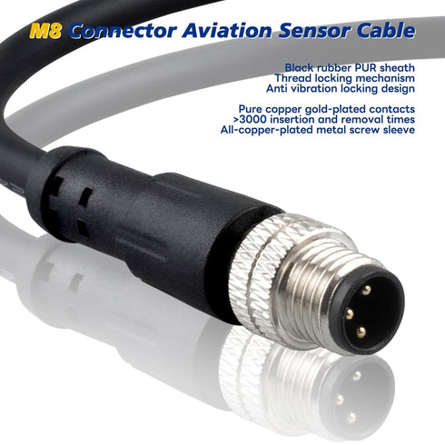M8 3 Pin Male Socket Panel Aviation Connector Cable, 8mm Shielded Outdoor Waterproof IP67 A Coding 6.5Ft/2M