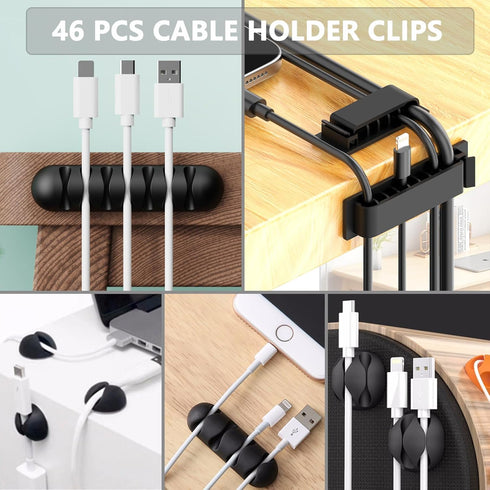 ELII 300PCS Cable Management Kit,4 Cable Sleeve 35 Cable Clips with 11Cord Holders,15+5Roll Cable Organizer Straps and 200 Fastening Cable Ties,20 Cable Zip Tie Mounts for Computer TV Under Desk