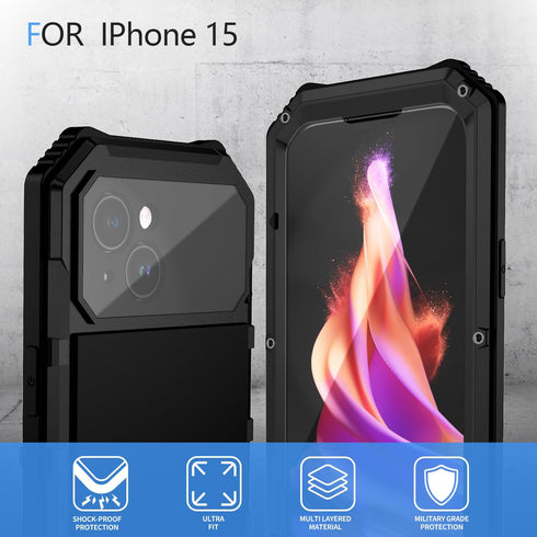 Heavy Duty Protection Case for iPhone 15, Built-in Lens Screen Protector, Rugged Stand, 360 Full Body Military Grade,