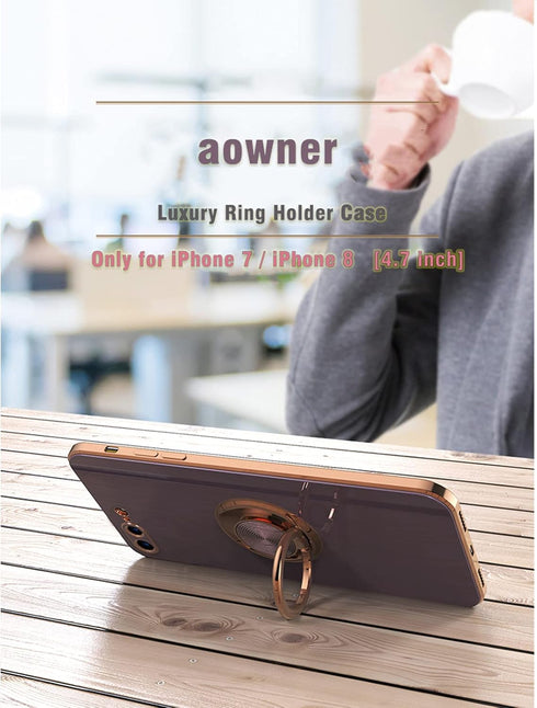 aowner Ring Holder Case for iPhone SE 3/SE 2/iPhone 8/7, Shiny Plating Rose Gold Edge with 360 Degree Rotation