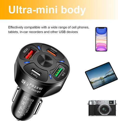 4 Ports Car Fast Charging Charger Cigarette Lighter Adapter, Super Fast Auto Charging Plug with QC 3.0, PD 20W, Type C,