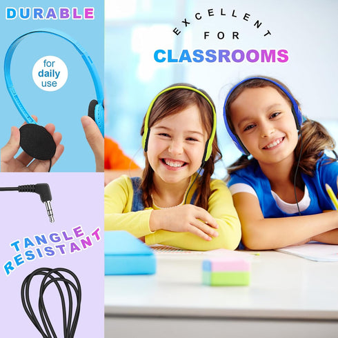 Kids Headphones Bulk 10 Pack for School - Adjustable On Ear Earphones Class Set for Library, Airplane, Computer