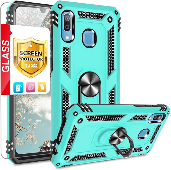 TJS Compatible Samsung Galaxy A20 Case, A30 Case, with Tempered Glass Screen Protector, Heavy Duty Drop Protector, Teal