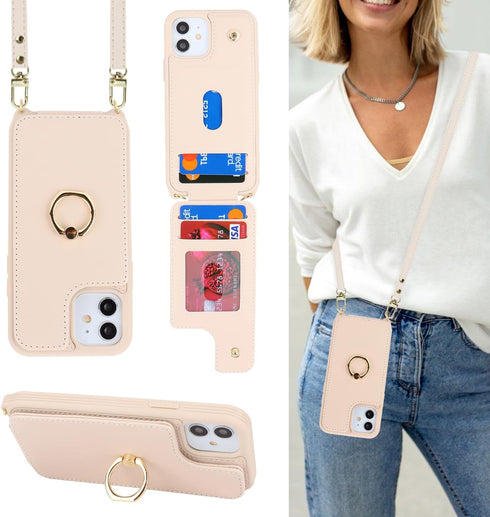 iPhone 11 Phone Case with Card Holder and Strap for Women, Crossbody Lanyard, Kickstand Ring Stand, Beige