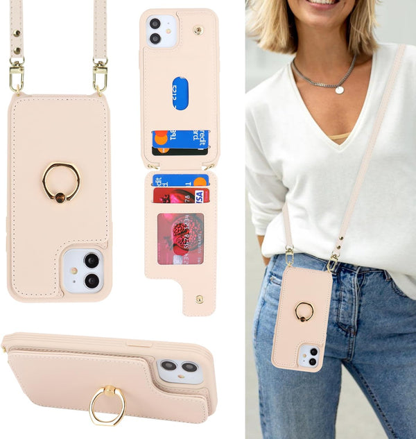 iPhone 11 Phone Case with Card Holder and Strap for Women, Crossbody Lanyard, Kickstand Ring Stand, Beige