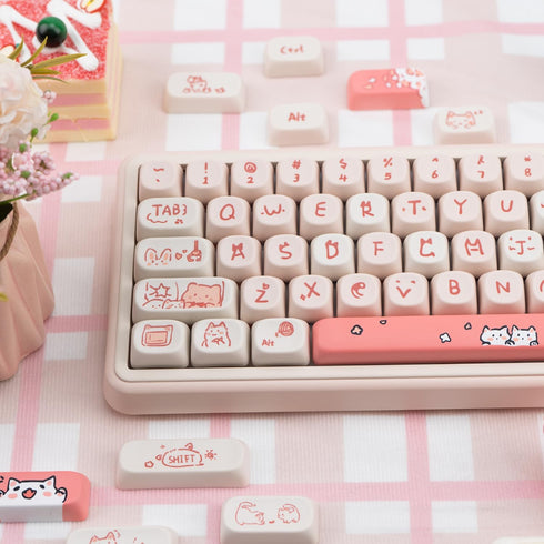 PBT Keycaps, 139 Cute MOA Dye-Sublimation Set for 61/64/68/84/87/100/104/108 Cherry MX Mechanical Keyboard (Pink Cat)