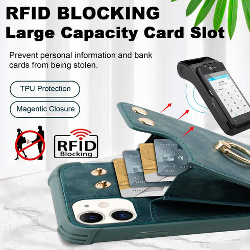 iPhone 11 Wallet Case with Credit Card Holder, Leather Shockproof Cover with 360° Rotation Ring Stand - Blue Green