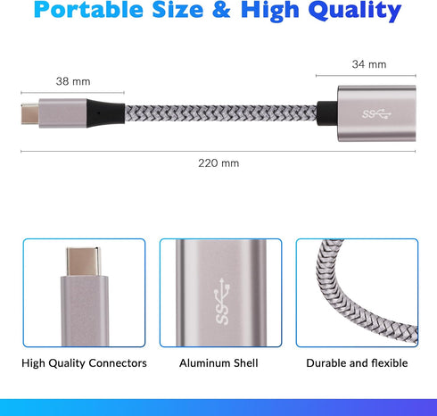 USB-C to USB 3.1 Adapter (2 Pack), Nylon Braided Type-C OTG Cable USB C Male to USB A 3.0 Female Connector for iPhone