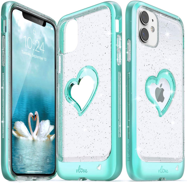 VENA vLove Teal Glitter Clear Case, Compatible with Apple iPhone 11 (6.1"-inch 2019), Heart Shape Dual Layer