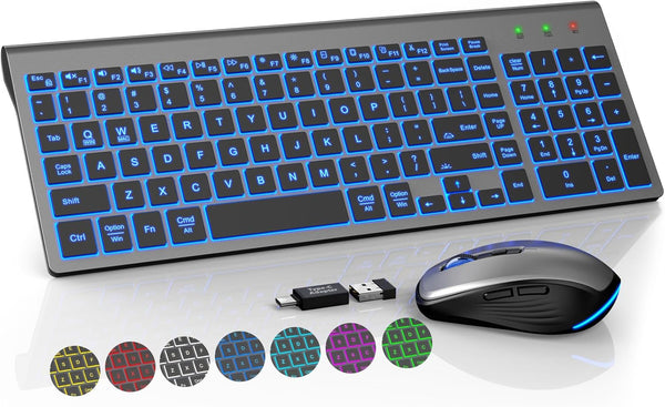 SABLUTE Wireless Keyboard and Mouse Combo - Backlit Compact Quiet Keyboard with RGB Mouse, Rechargeable, Slim