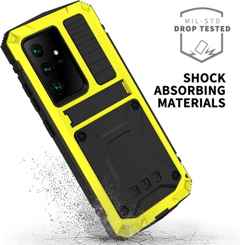 Galaxy S22 Ultra Rugged Case, Metal Bumper with Built-in Screen Protector & Stand, Waterproof Heavy Duty Cover (Yellow)