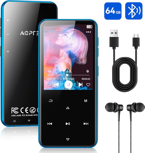 AGPTEK 64GB MP3 M3 2.4 inch 128GB(Blue) Player with Bluetooth, Music Player with Speaker and FM Radio, Touch Buttons