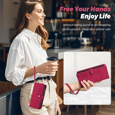 TwoHead 11 for iPhone Wallet Case with Card Holder & Detachable Magnetic Phone Case, PU Leather Wallet with Wrist Strap
