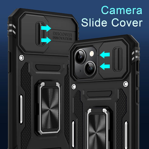 DEERLAMN for iPhone 15 Case with Slide Camera Cover + Screen Protector (2 Packs), Rotated Ring Kickstand Military Grade Shockproof Protective Cover-Black