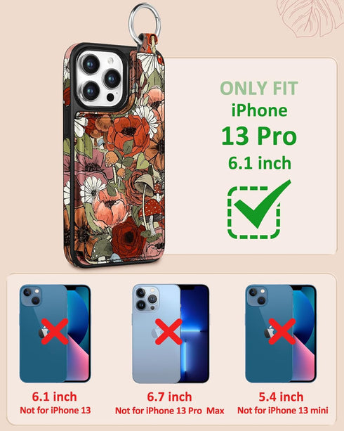 Shorogyt for iPhone 13 Pro Wallet Case with Card Holder, Designer Mushroom Flower Pattern Kickstand Magnetic Clasp Back Flip Folio Leather Phone Cases for iPhone 13 Pro for Women Men Girls