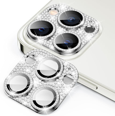 Goton Camera Lens Protector for iPhone 15 Pro Max & 15 Pro - Bling Glitter Diamond Metal, Tempered Glass, Silver.