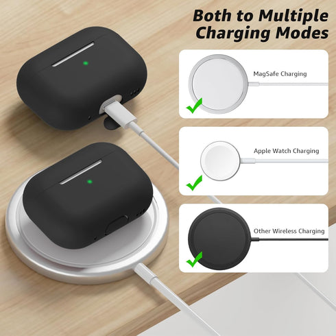 Compatible with AirPods Pro 2 Case, Soft Silicone Skin Cover with Cleaner Kit and Lanyard, Front LED Visible (Black)