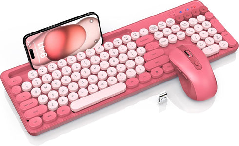 Wireless Keyboard and Mouse Combo, Retro Round Keycaps, Cute Full-Size Typewriter Keyboard with Phone Holder, 2.4GHz