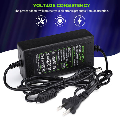 DC 12V 5A Power Supply Adapter, US Plug, 4.6FT Power Cord for LED Strip, Light, Cameras CCTV