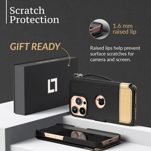 LUPA Legacy iPhone 13 Pro Wallet Case - Slim Durable Faux Leather Flip Case with Card Holder and Wristlet