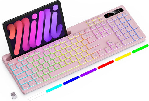 Soueto Wireless Keyboard with 7-Color RGB Backlit, Full-Size Computer Keyboard with Phone Tablet