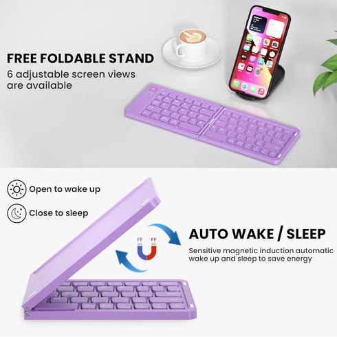 Mini Foldable Bluetooth Keyboard - Portable Wireless Full Size Keyboard (Sync Up to 3 Devices), Ultra-Slim Aluminum Travel Folding Keyboard for iPhone iPad Mac Android Windows iOS (Purple)