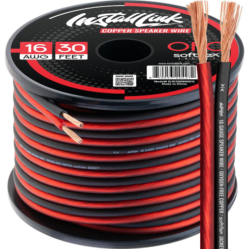 16 Gauge Pure Copper Speaker Wire (OFC) by Install Link, 30 Feet for Car or Home Theater