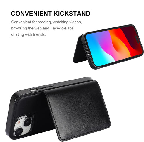 KIHUWEY iPhone 15 Wallet Case, Credit Card Holder, Premium Leather Kickstand, Shockproof Cover (Black)