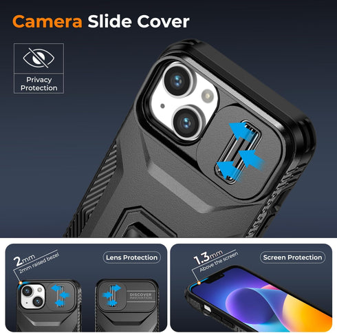 HakkTaoo 13/iPhone 14 6.1-Inch Protector(2 Packs), Case for iPhone Slide Camera Cover+Screen Military Grade Shockproof