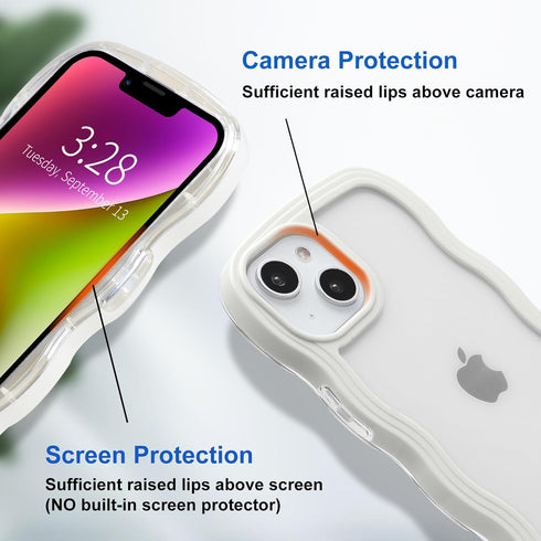 Anuck Wavy Edge Clear Back Design Case for iPhone 14 Plus, Anti-slip Grip Shockproof Soft TPU & Hard Bumper (White)