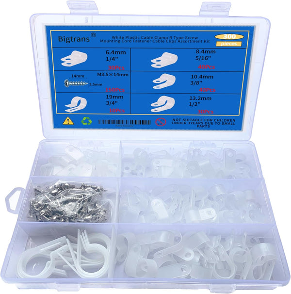 Bigtrans 300 Pcs Nylon Plastic R-Type Wire Clips with Screws 1/4" 5/16" 3/8" 1/2" 3/4" Clamps Fasteners Assortment -