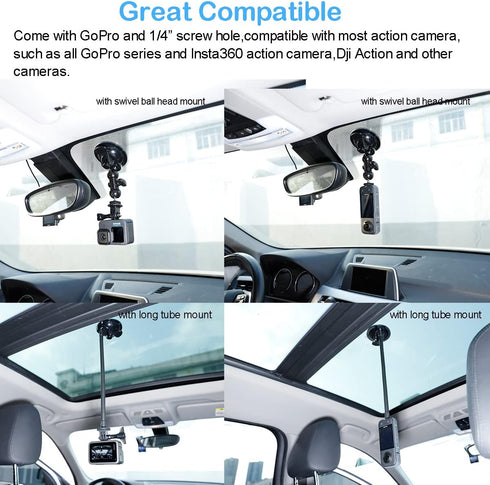 PellKing Suction Cup Mount for Insta360 X3/X2/X, GoPro with 27cm Extension Tube and Double Ball Head Adapter