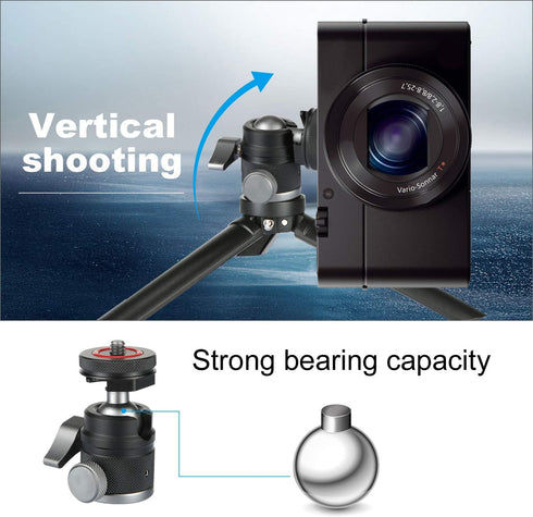 Mini Ball Head with 1/4" Hotshoe Mount Adapter, 360° Rotatable Aluminum Tripod Head for DSLR Cameras