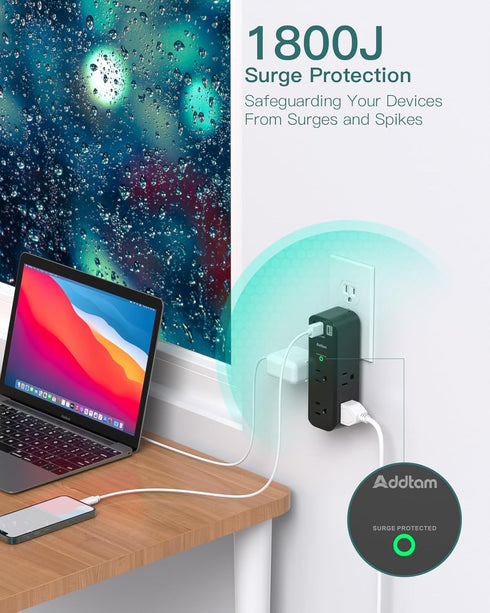 Surge Protector Outlet Extender, 6 AC Multi Plug with 3 USB Ports, 1800J Wall Charger, Black