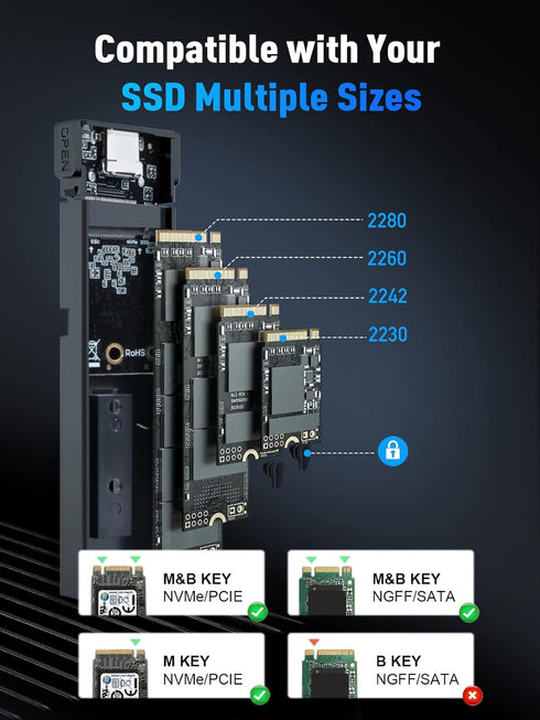 M.2 NVME SATA SSD Enclosure Adapter, V VCOM Tool-Free USB 3.2 Gen 2 for SSDs 2242 2260 2280 with UASP Trim