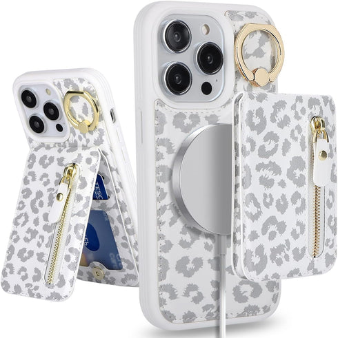 iPhone 13 Pro Case Wallet with Card Holder, Detachable 2-in-1, MagSafe Compatible for Women & Men - White Leopard