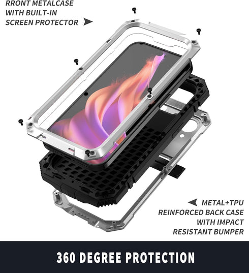360 Full Body Heavy Duty Protection Case for iPhone 15 Plus, Rugged Aluminum Stan with Built-in Screen Protector, Silver
