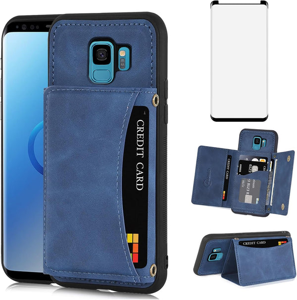Asuwish Samsung Galaxy S9 Wallet Case with Tempered Glass, PU Leather, Credit Card Holder, Rugged Stand, Blue.