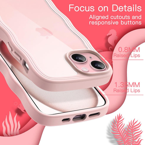 JETech iPhone 15 Case 6.1-Inch, Pink Wave Frame Shockproof Cover for Women & Girls, Clear Hard PC Back.