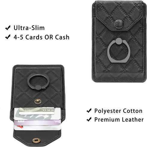 Black Cell Phone Card Holder - RFID Ring Stand Stick on Wallet for All Smartphones, Adhesive Credit Card Holder