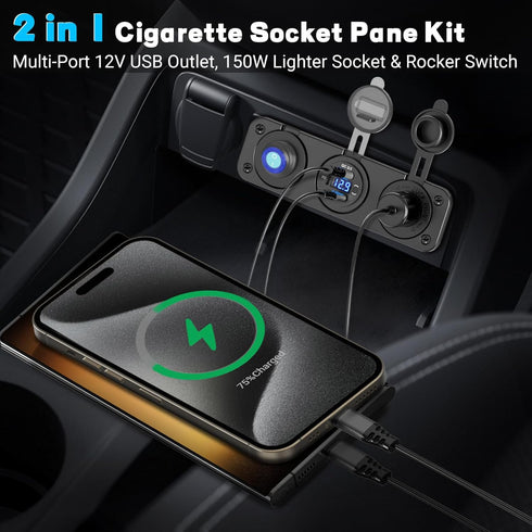 Qidoe 12V USB Panel Cigarette Lighter Socket with Rocker Switch, 58W Multiport USB Outlet for Car Marine RV Truck