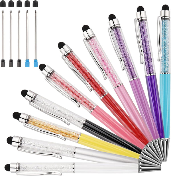 YOUMI 10 pcs 2 in 1 Bling Ballpoint Pens, Crystal Diamond Pen with Capacitive Touch Screen Stylus, Black Blue Ink