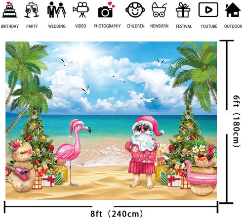 July Christmas Backdrop 8x6FT, Tropical Flamingo Palm Tree Hawaiian Photography Background for Summer Beach Party
