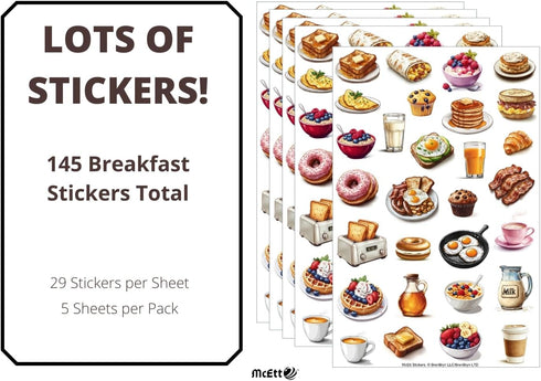 McEtt 5 Pack (145 Breakfast Food Sticker Sheets Aesthetic Illustrated Breakfast & Brunch Food Stickers Sheet Pieces)