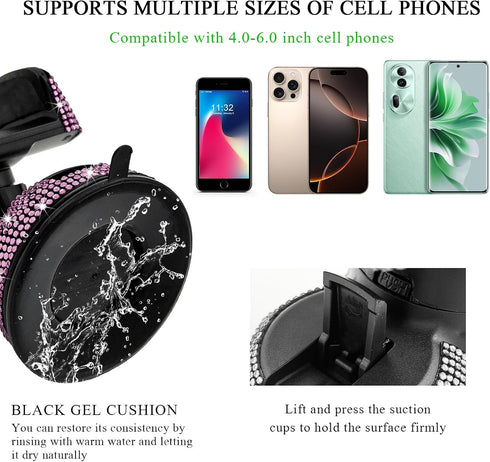 Wevdn 360 Phone Holder for Car, Rotatable Sparkling Diamond Phone Mount with Suction Cup Base, Rhinestone Phone Holder