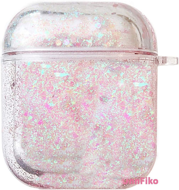 UnnFiko Bling Quicksand Case for AirPods 1/2, Cute Sparkle Liquid Protective Cover with Keychain (Silver Pink)
