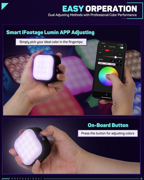 IFOOTAGE On Camera Video Light, Portable RGBW Smart Light with APP Control, 18 Effects, Rechargeable, C4 Mint Green