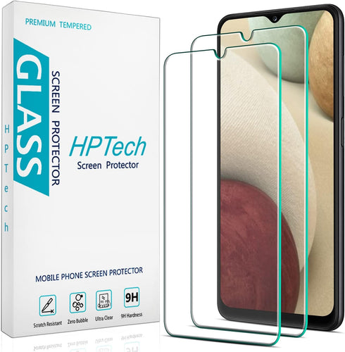 HPTech Screen Protector (2 Pack) for Samsung Galaxy A12, Tempered Glass, Anti-Scratch, Easy to Install, No-Bubble, Case